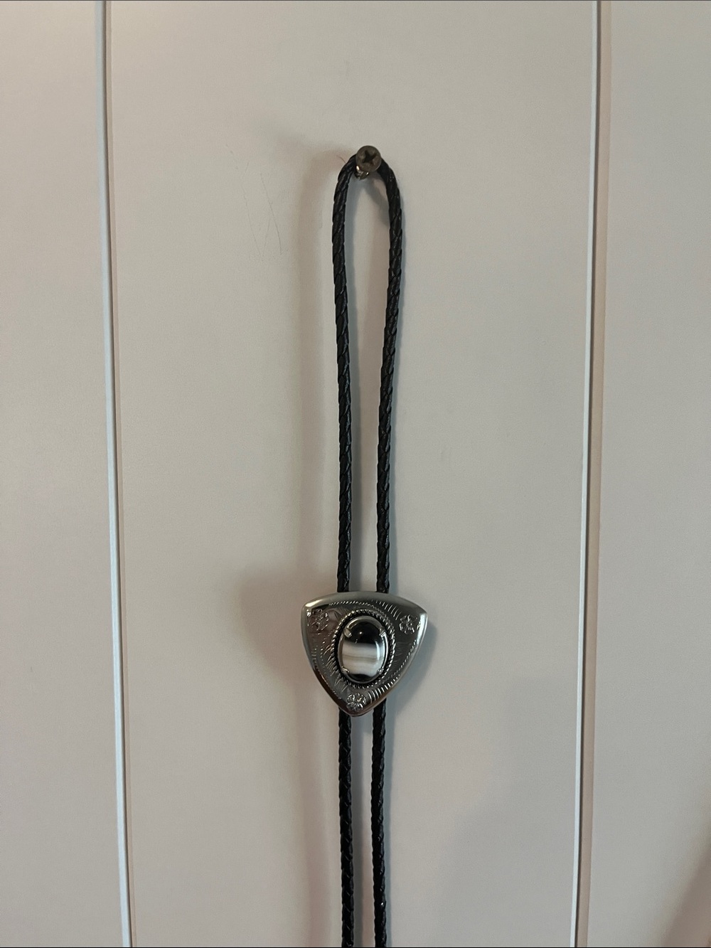 Black Braided Leather Bolo Tie with Silver Tone Stone Slide - Picture 4 of 5
